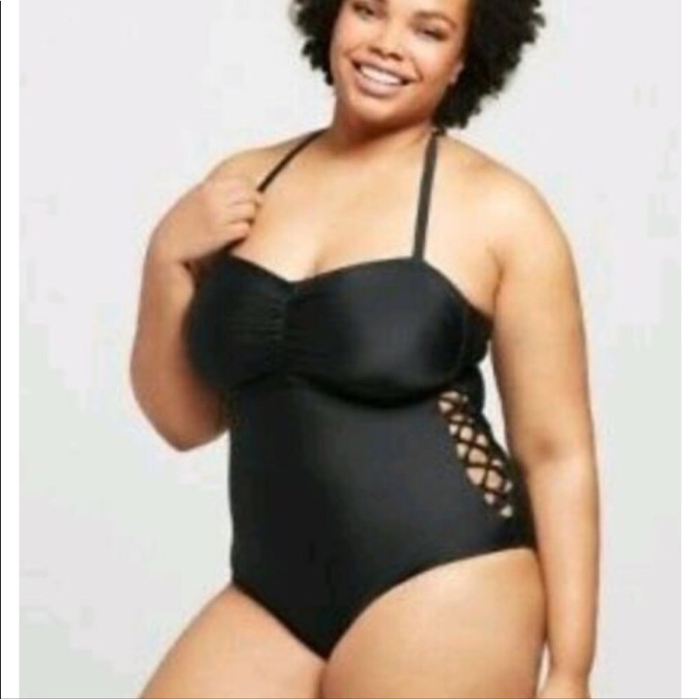 AVA & VIV BLACK HALTER LACE UP BRAIDED SIDES SWIM